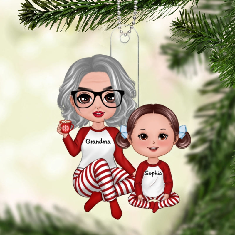 Christmas Pajamas Doll Grandma & Grandkid Sitting Gift For Granddaughter Grandson Personalized Acrylic Ornament