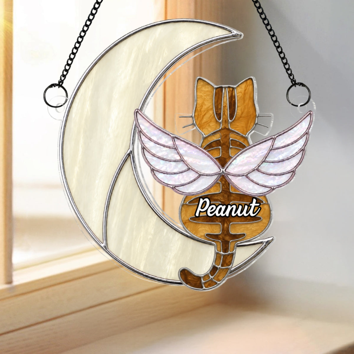 Cat Sitting On Moon Memorial Pet Loss - Personalized Acrylic Window Hanging - Pet Memorial Gift, Pet Loss Sympathy Gift