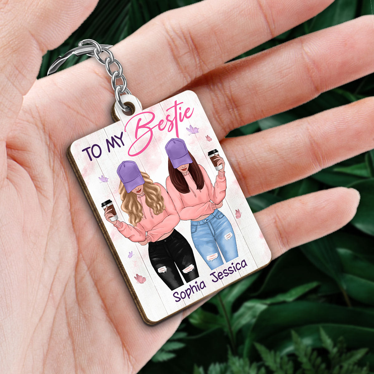 To My Bestie Front View Pink Purple Personalized Wooden Keychain