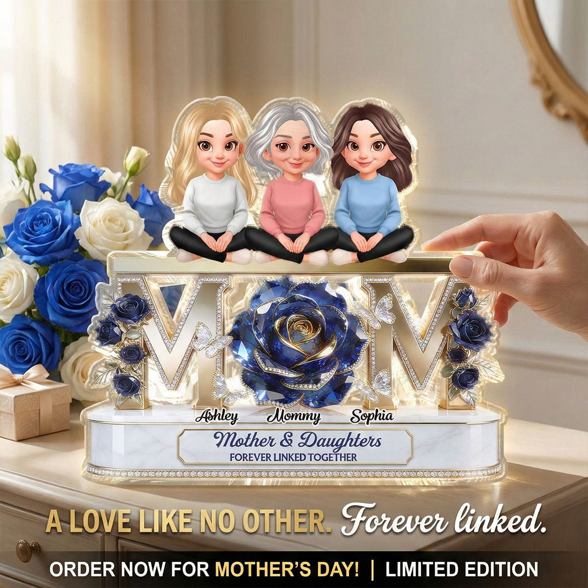 Beautiful Blue Roses MOM And Daughters Sons - Personalized Acrylic Block Plaque - Gift For Mom