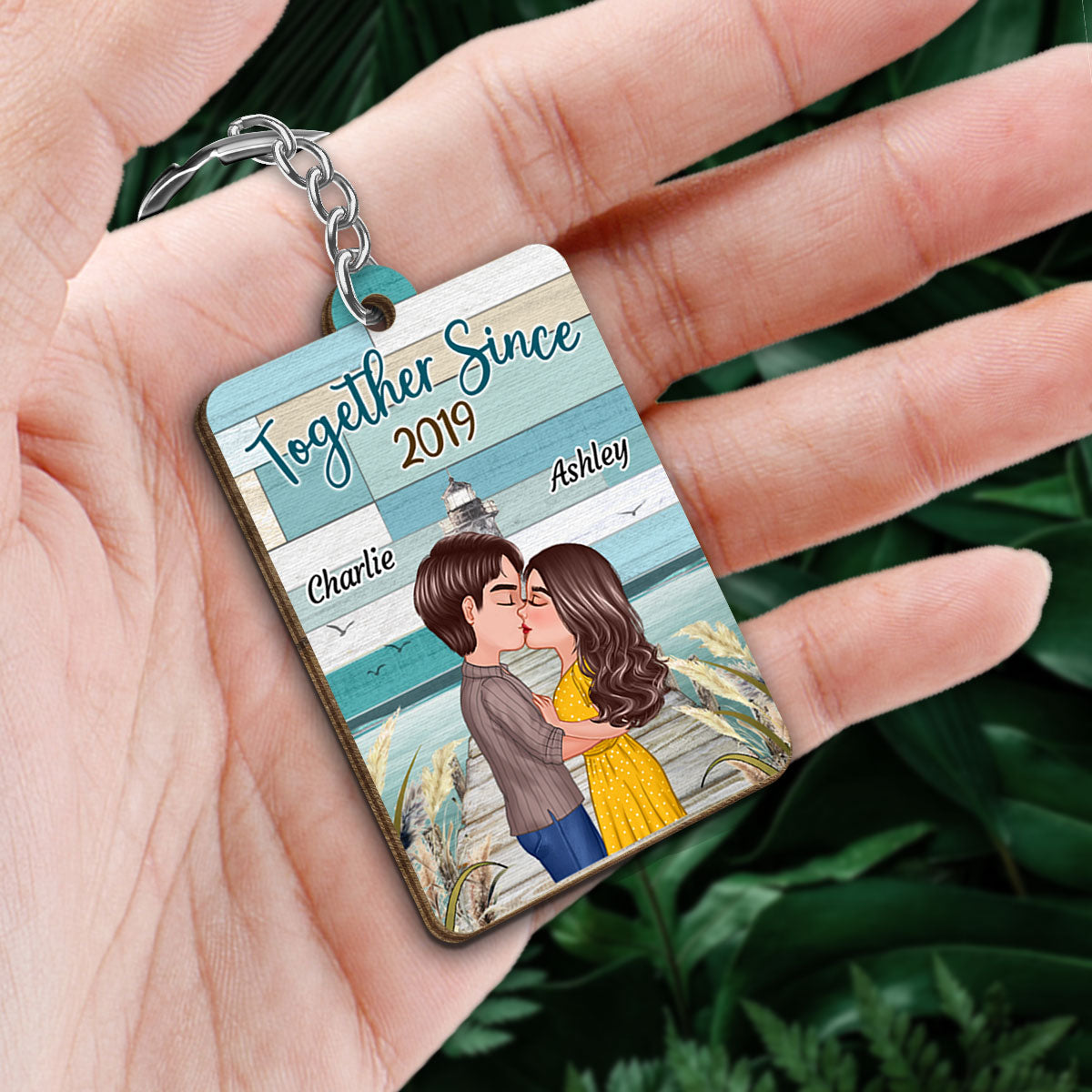 Green Color Palette Doll Couple Kissing On The Bridge Favorite Song Scannable QR Code Personalized Wooden Keychain