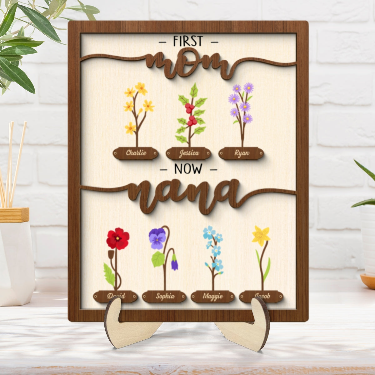 First Mom Now Grandma Simple Birth Month Flowers Personalized 2-layer Wooden Plaque