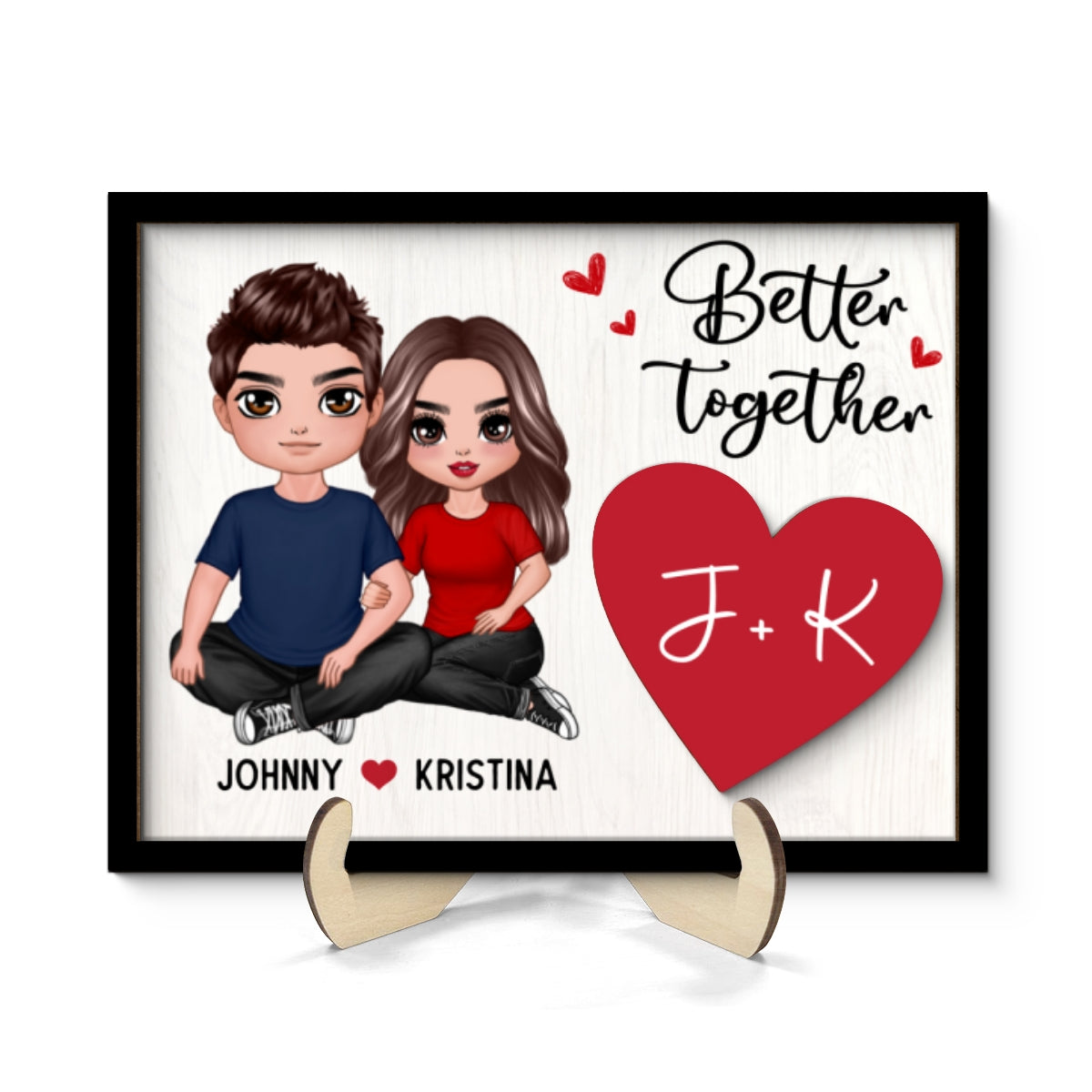 Couple Sitting Embracing Initial Names Valentine‘s Day Gift For Him For Her Personalized 2-Layer Wooden Plaque