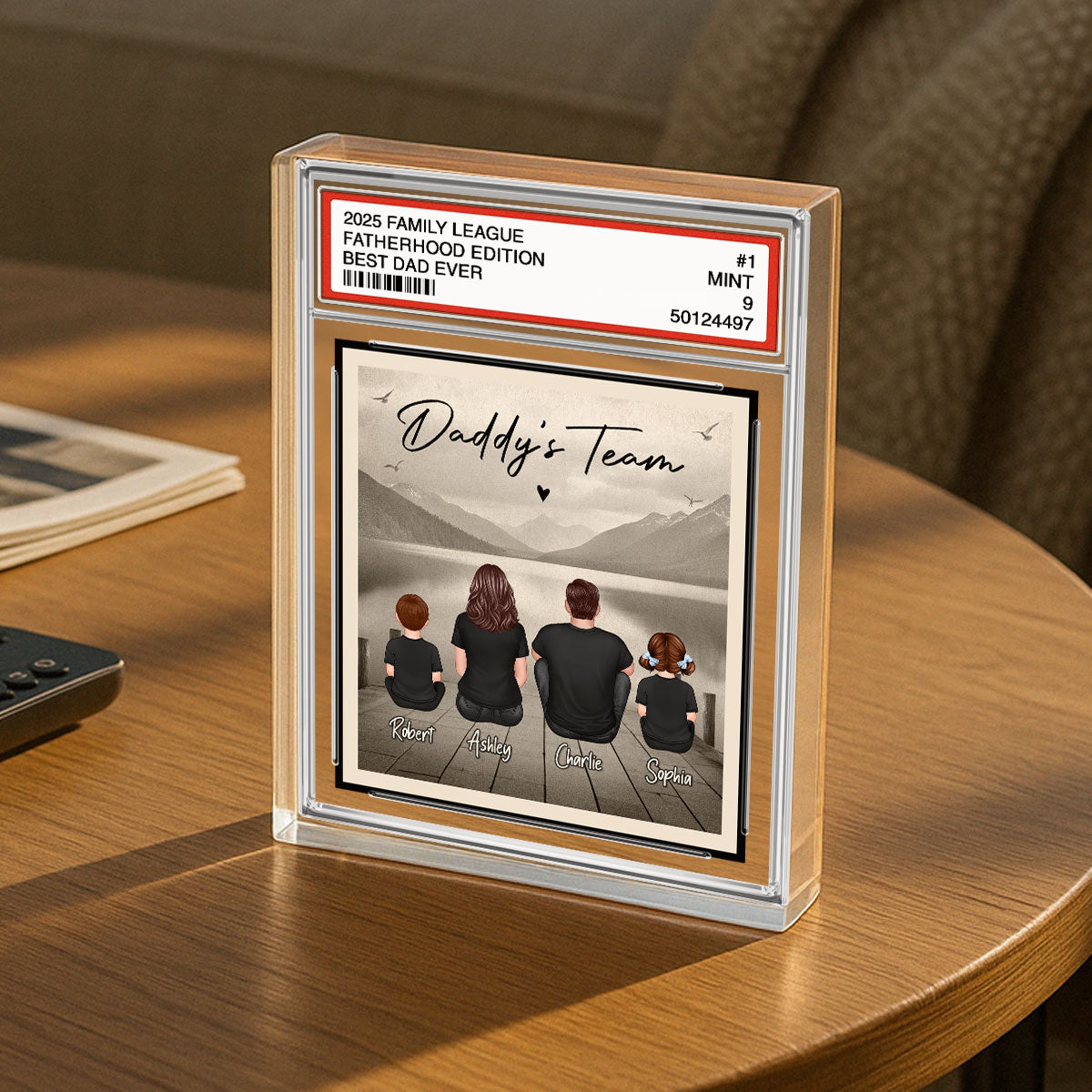 Daddy's Team Dad & Kids Sitting Trading Card Style Personalized Acrylic Block Plaque
