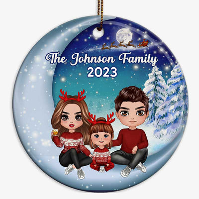 Family Sitting On Moon Winter Personalized Christmas Circle Ornament