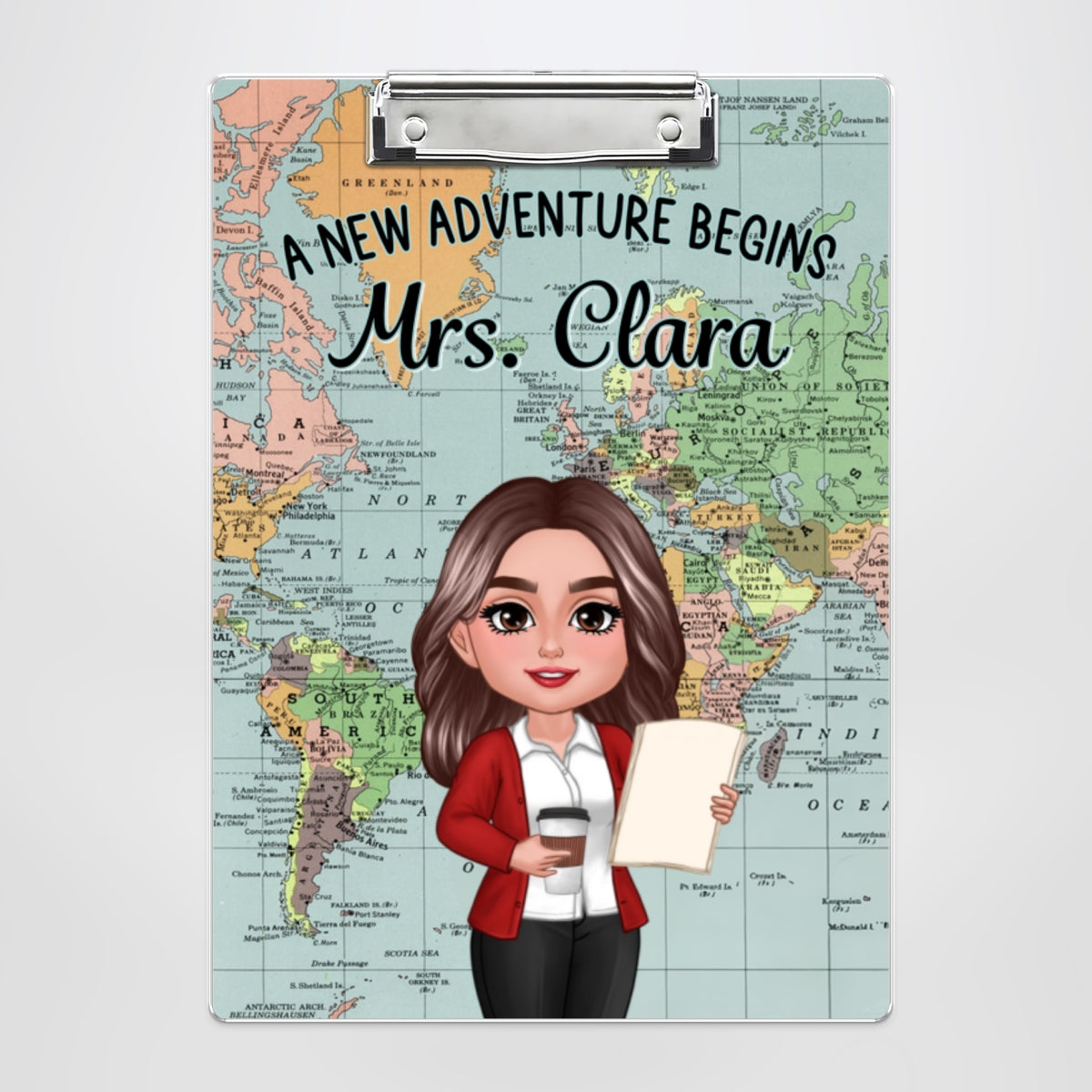 World Map Adventure Themed Teacher Personalized Clipboard, Back To School Gift For Teacher, Colleagues