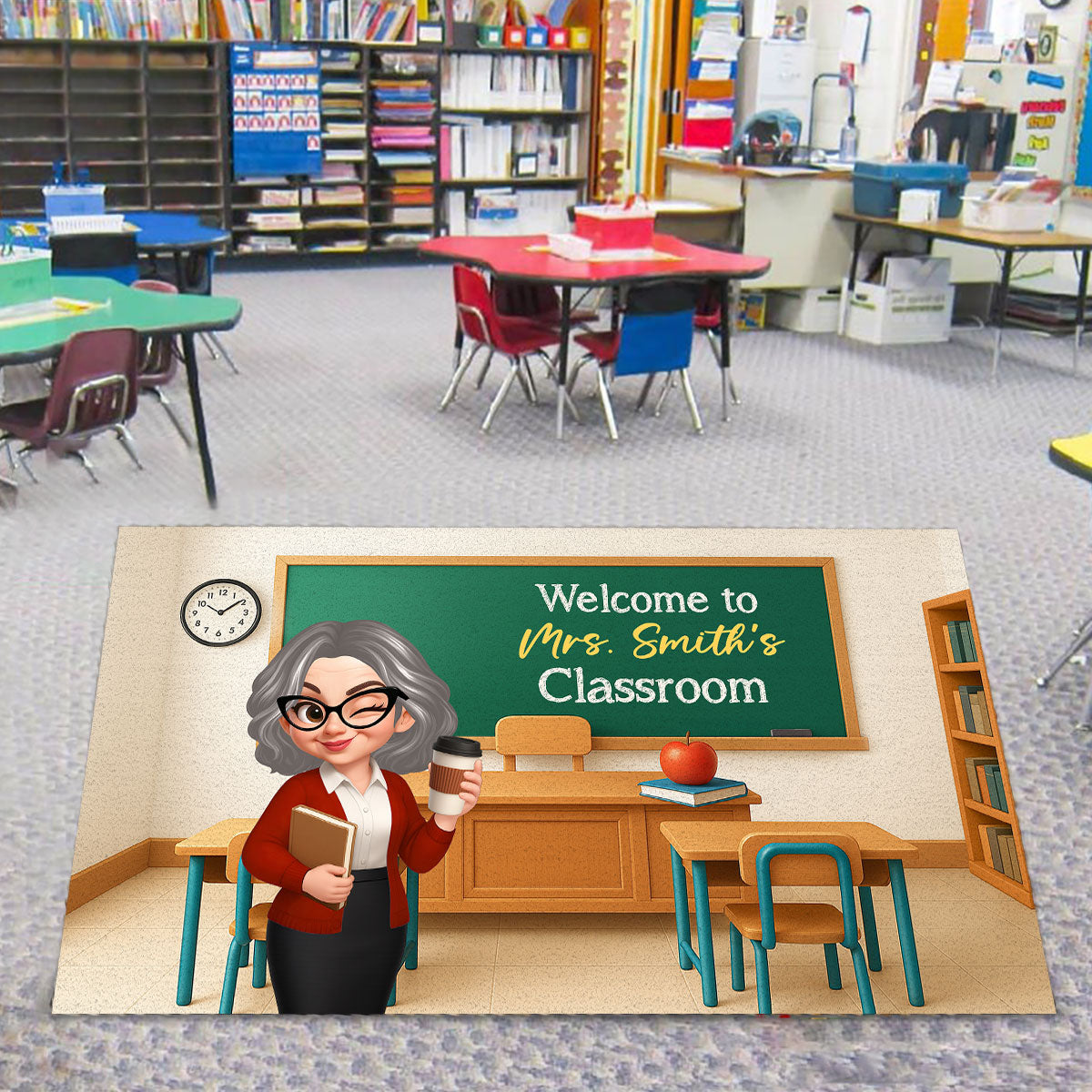 Pretty Teacher In Classroom 3D Effect Background Personalized Doormat, Back To School Decoration