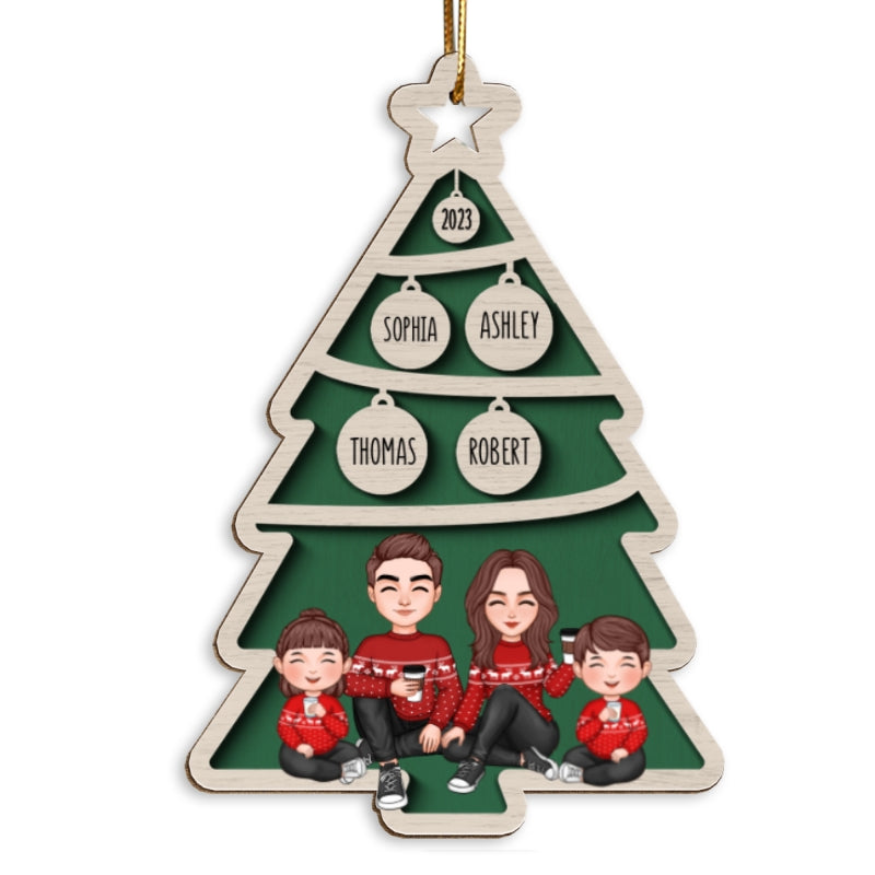 Family Sitting Christmas Tree Bauble Personalized Wooden Ornament