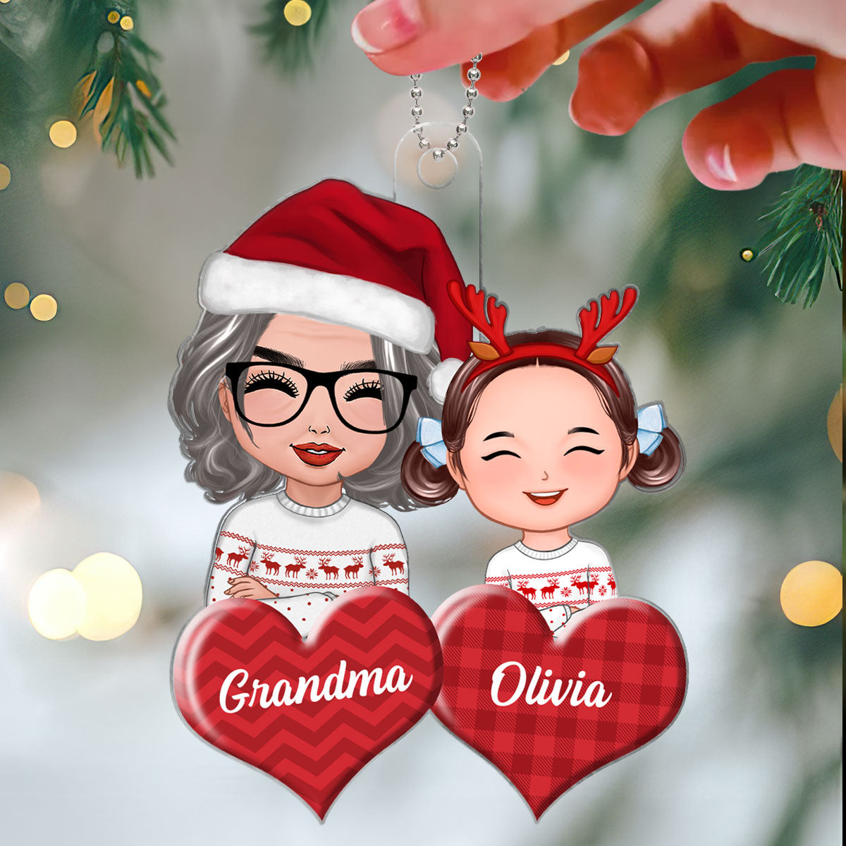 Doll Grandma And Granddaughter Grandson Crossed Arms On Hearts Christmas Gift Personalized Acrylic Ornament