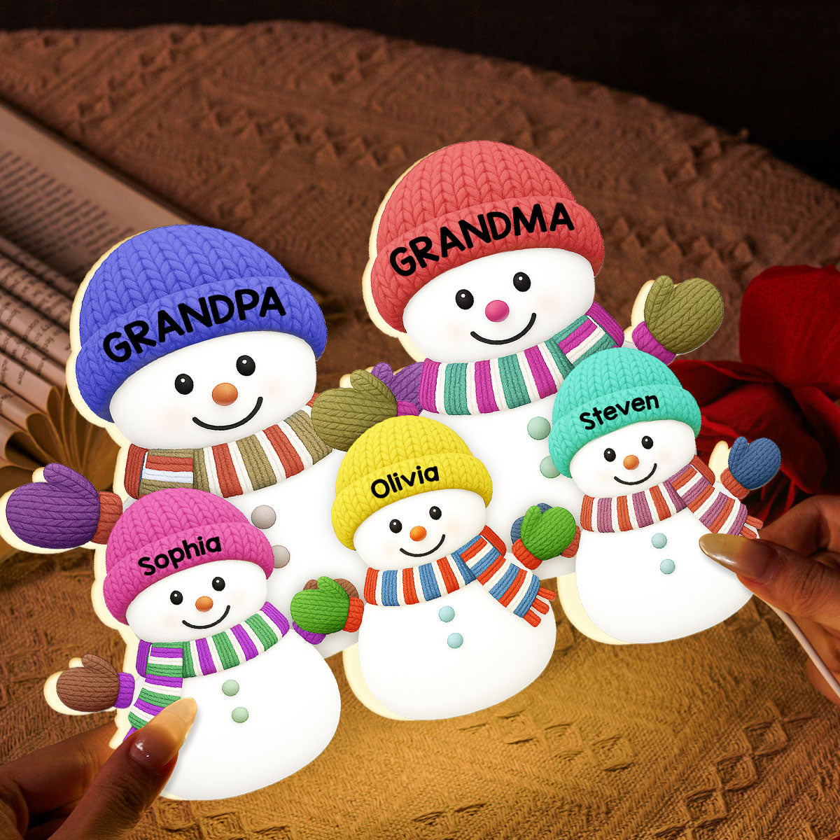 3D Effect Heartwarming Christmas Grandma Grandpa And Grandkids Snowman Together - Personalized Light Box - Christmas Decoration For Grandparents
