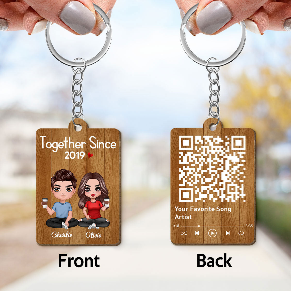 Doll Couple Sitting Favorite Song Scannable QR Code Personalized Wooden Keychain