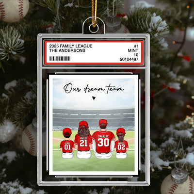 Baseball Family Sitting Couple & Kids Trading Card Style - Personalized Acrylic Ornament - Christmas Decor For Baseball Lovers