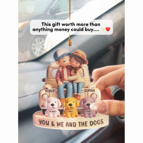 3D Effect Couple On Truck You Me And The Dog Cats Personalized Acrylic Car Hanger Ornament, Heartfelt 2025  Gift For Couple, For Dog Lovers, Cat Lovers