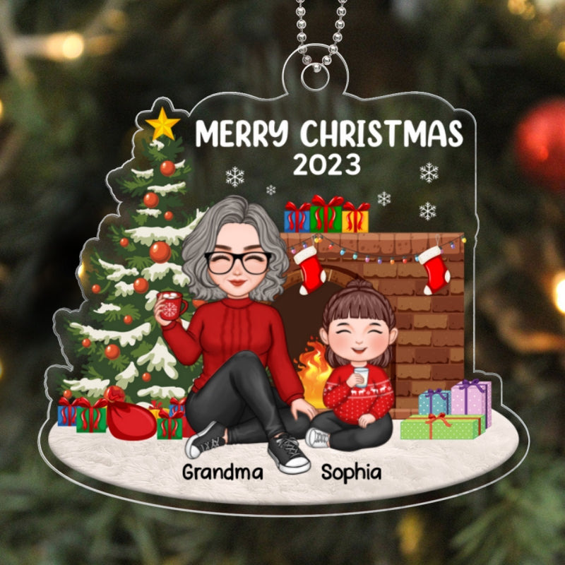 Merry Christmas Cute Grandma & Grandkid Sitting At Fireplace Personalized Acrylic Ornament