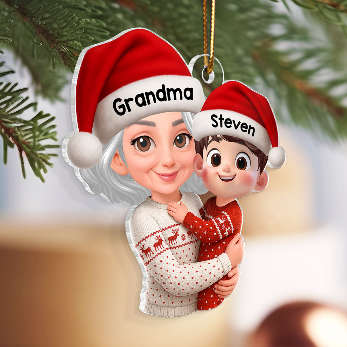 Christmas Joyful Grandma Hugging Grandkid - Personalized Acrylic Ornament - Gift For Grandkid