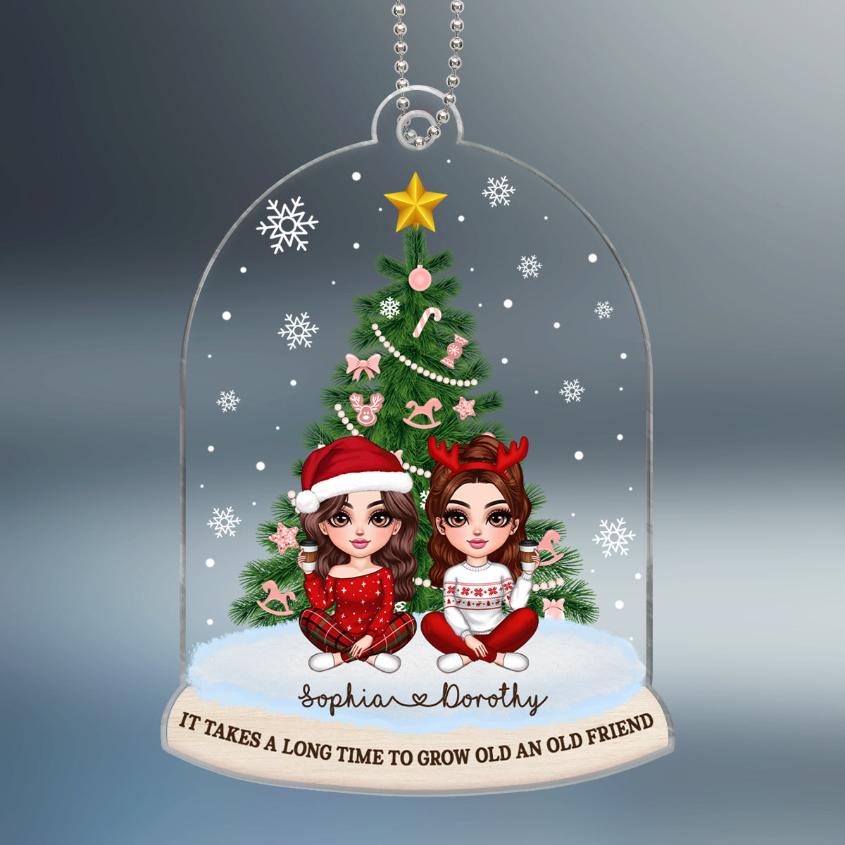 Pretty Besties Sisters Friends Christmas Tree In Dome Shaped Personalized Acrylic Ornament