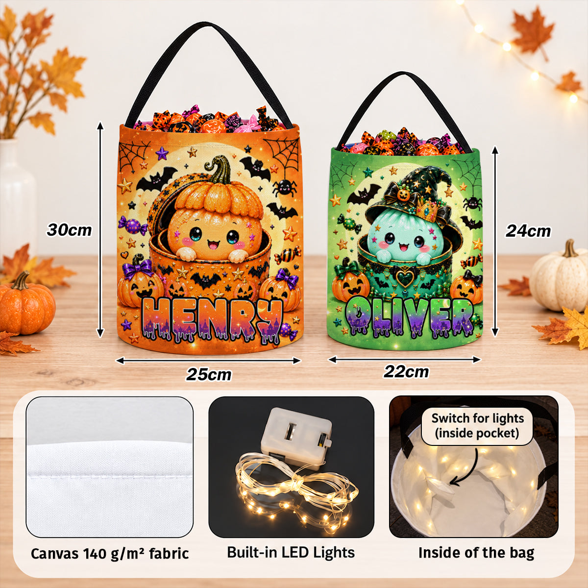Kawaii Cute Halloween Dumpling - Personalized LED Trick or Treat Bucket - Custom Name Treat Bucket for Kids