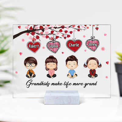 Grandkids Make Life More Grand Doll Kids Watercolor Styles Under Heart Tree Personalized Acrylic Plaque