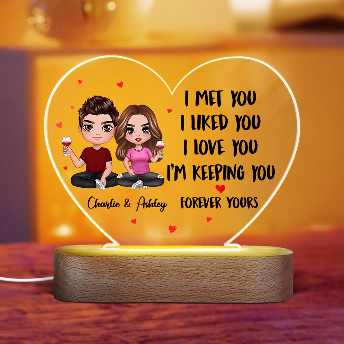 Doll Couple Sitting I Met You Gift For Him For Her Personalized Acrylic Heart Plaque LED Night Light