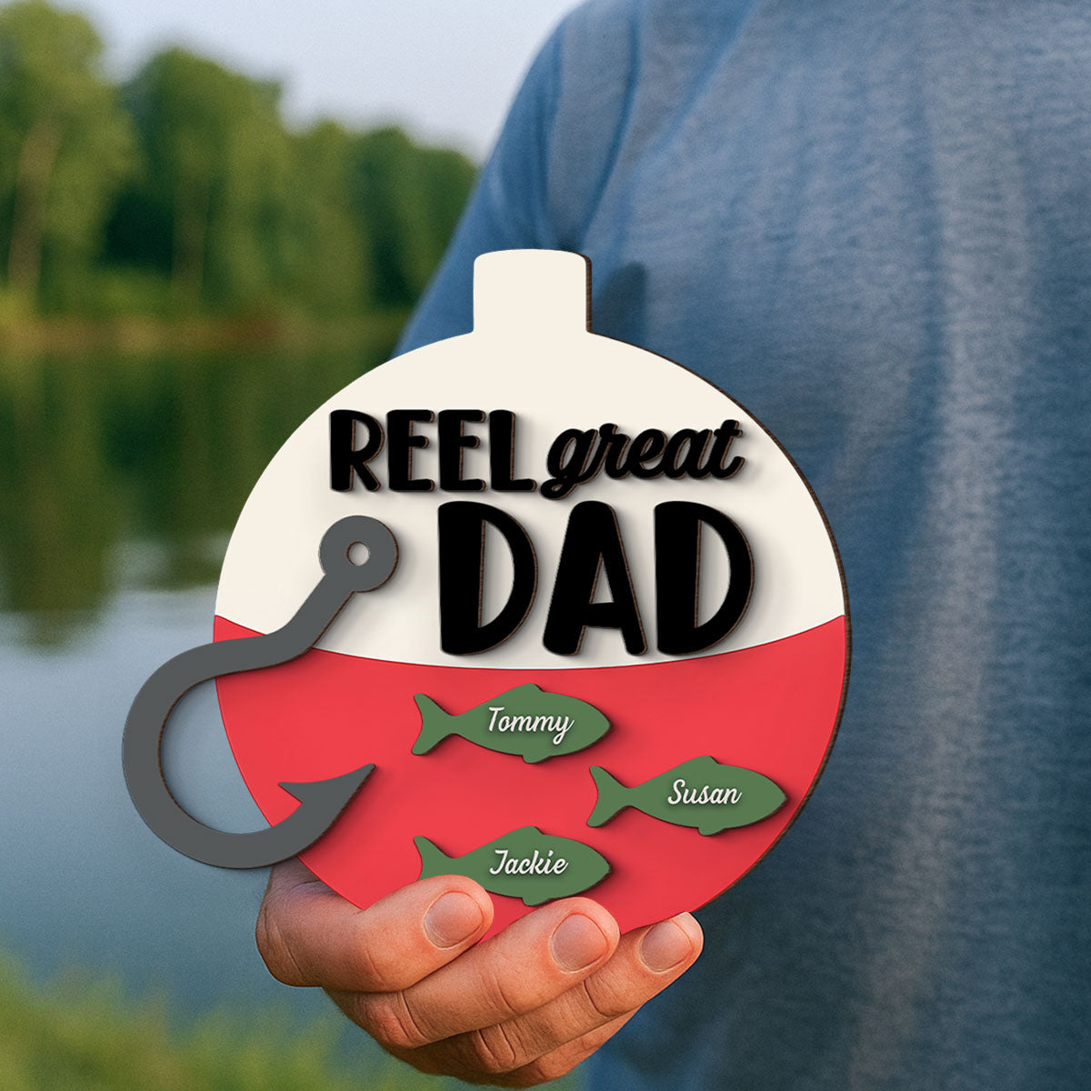 Reel Great Dad Grandpa Personalizd 2-Layer Standing Wooden Plaque, Father's Day gift for Fishing Dad Grandpa