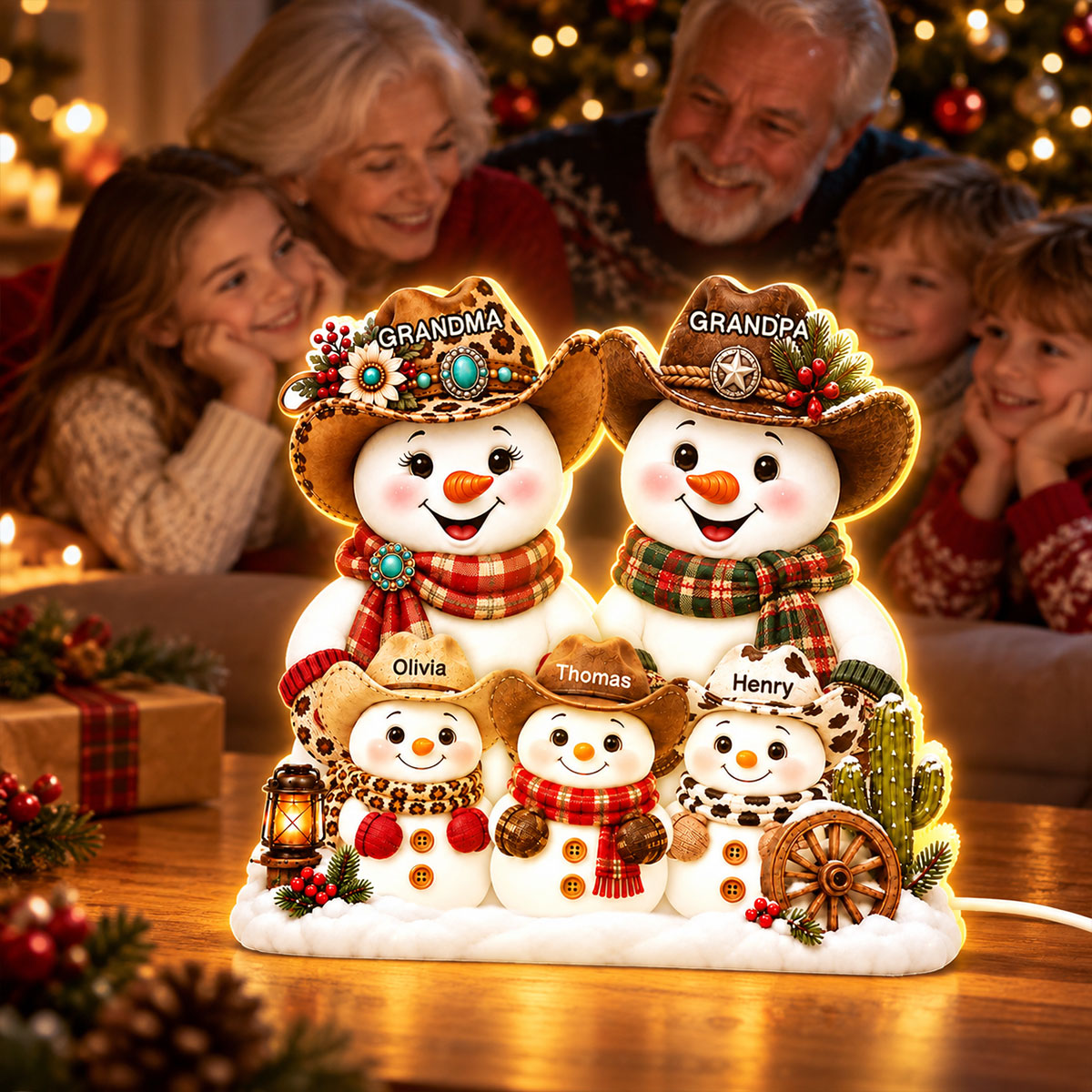 Trending Western Grandpa Grandma Snowman - Personalized Light Box - Gift For Him, Her, Christmas Decoration