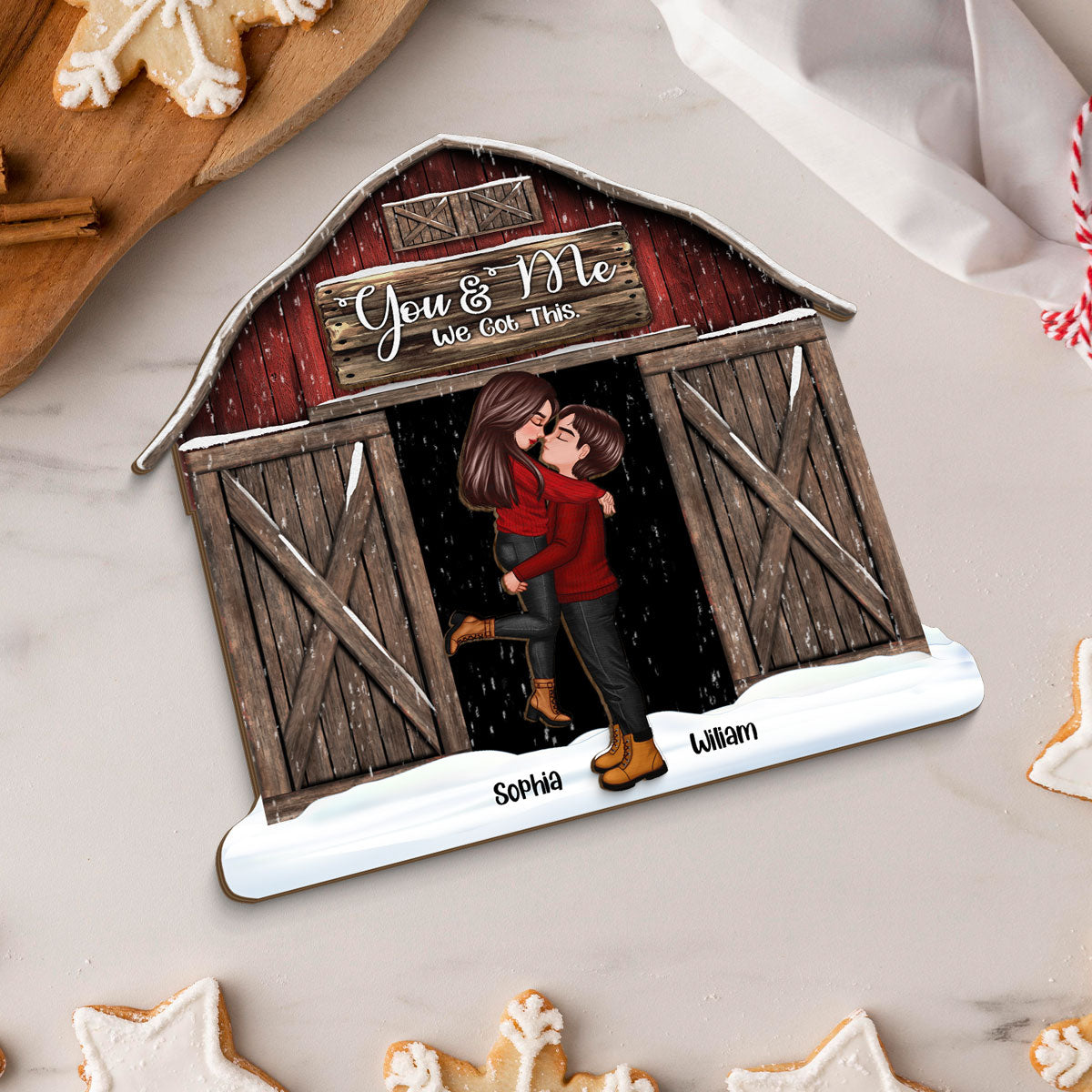 Red Barn Christmas Couple Kissing Personalized 2-Layer Standing Wooden Plaque, Christmas Tiered Tray Decor