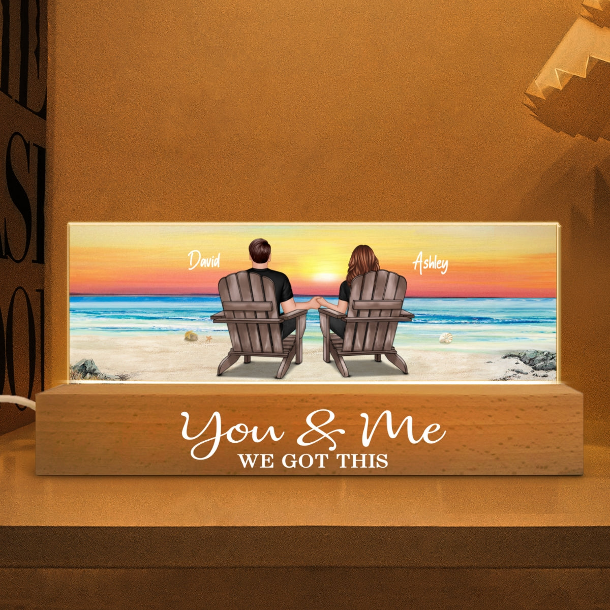 Couple Sitting At Beach Retro Personalized LED Night Light, Anniversary Gift For Couple, Gift For Husband, Wife, Dad, Mom
