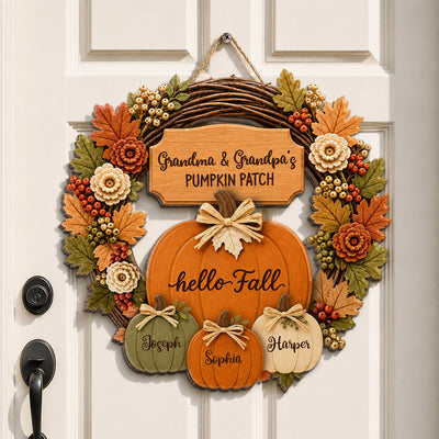 Grandma Grandpa's Pumpkin Patch Wreath Style 2D Flat Printed - Personalized Door Hanger - Fall Season Decor For Grandparents