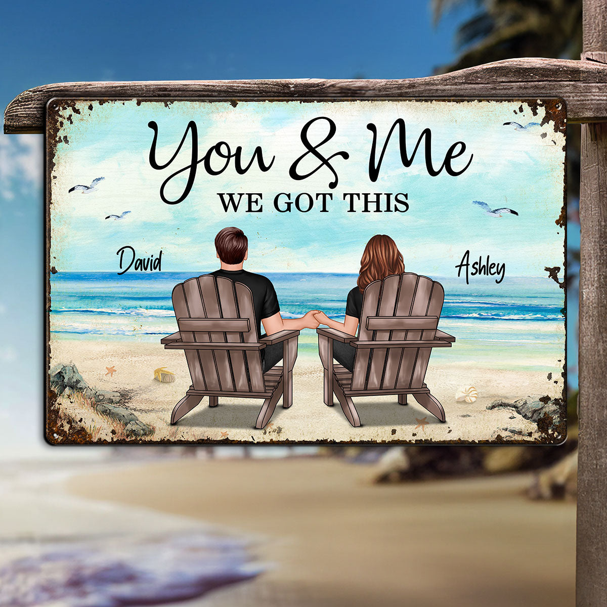 Back View Couple Sitting Beach Landscape Personalized Metal Sign