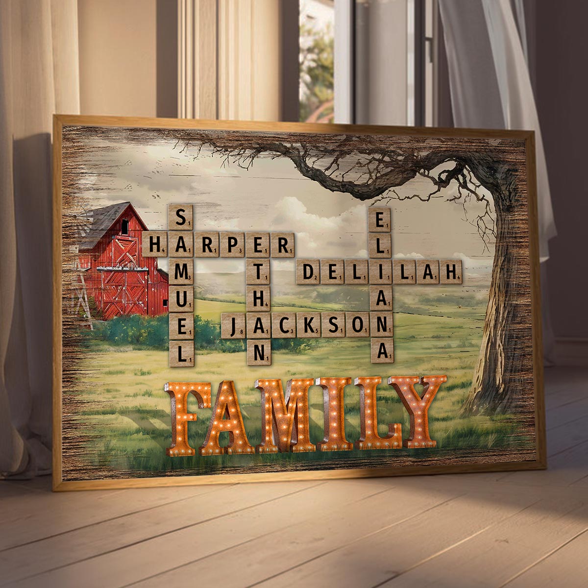 Family Farmhouse Tree Crossword Puzzle Art Personalized Poster, Gift For Mom, Dad, Husband, Wife