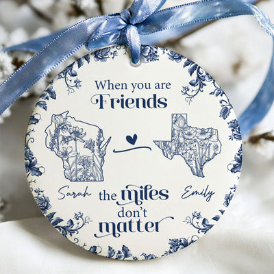 Blue Floral State Map Personalized Long Distance Friendship Ornament, Long Distance Best Friend Gift Moving Away Gift