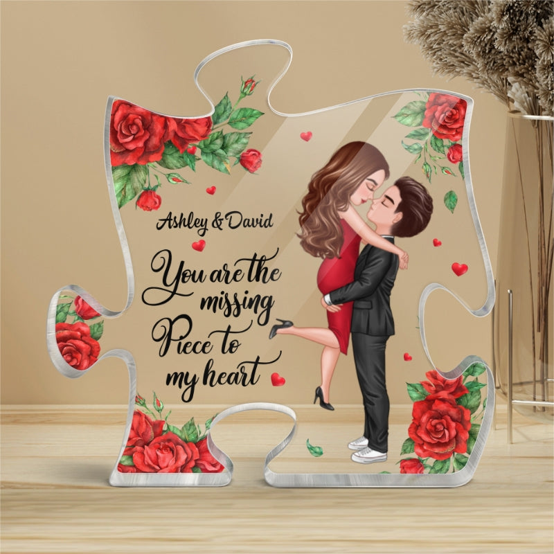 The Missing Piece To My Heart Kissing Couple Rose Pattern Personalized Puzzle Acrylic Plaque - Anniversary Gift For Couple - Gift For Him Gift For Her