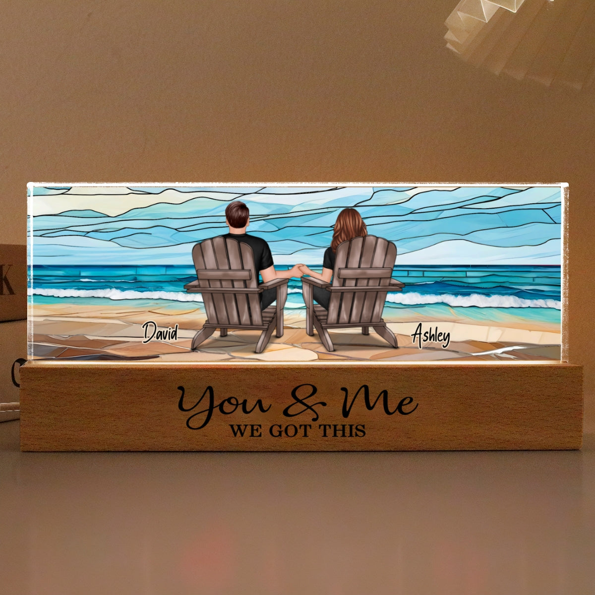 Couple Sitting At Beach Landscape Stained Glass Personalized Acrylic Block LED Night Light