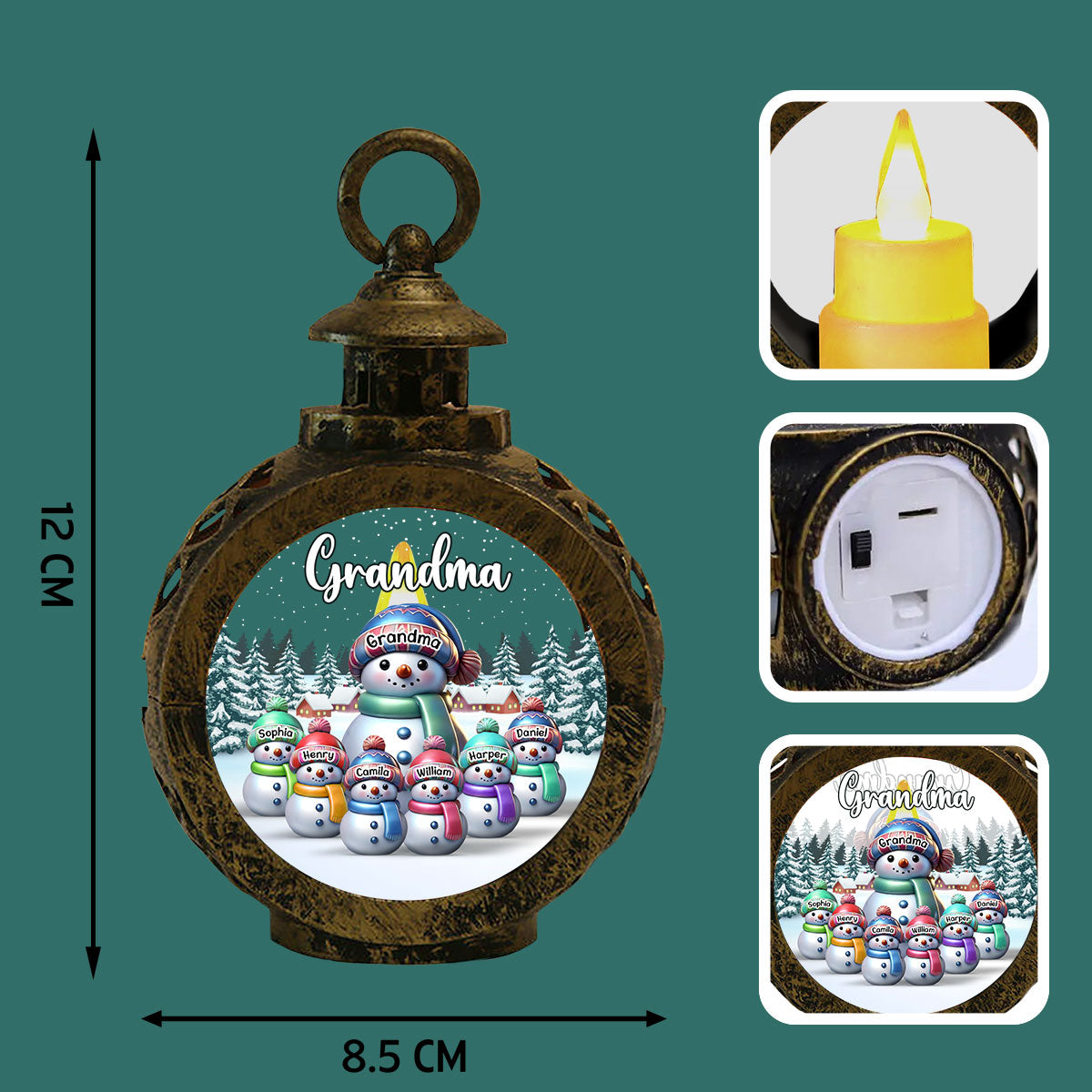 Winter Grandma & Grandkids Snowmen Christmas Personalized Lantern Ornament, Christmas Gift For Grandma, Grandkids