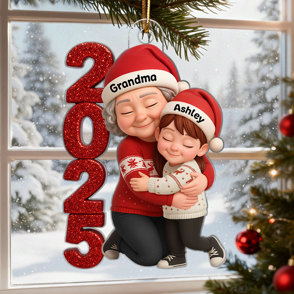 3D Crystal Effect 2025 Grandma Hugging Grandkids - Personalized Acrylic Ornament - Gift for Grandma, Grandkids