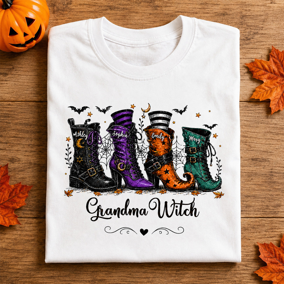 Grandma Witch Boots With Grandkids’ Names – Personalized Shirt – Halloween Gift For Grandma