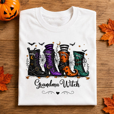 Grandma Witch Boots With Grandkids’ Names – Personalized Shirt – Halloween Gift For Grandma