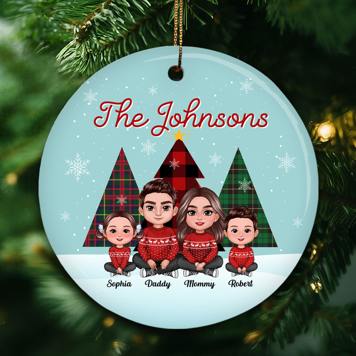 Let It Snow Family Sitting By Christmas Trees Personalized Ceramic Ornament