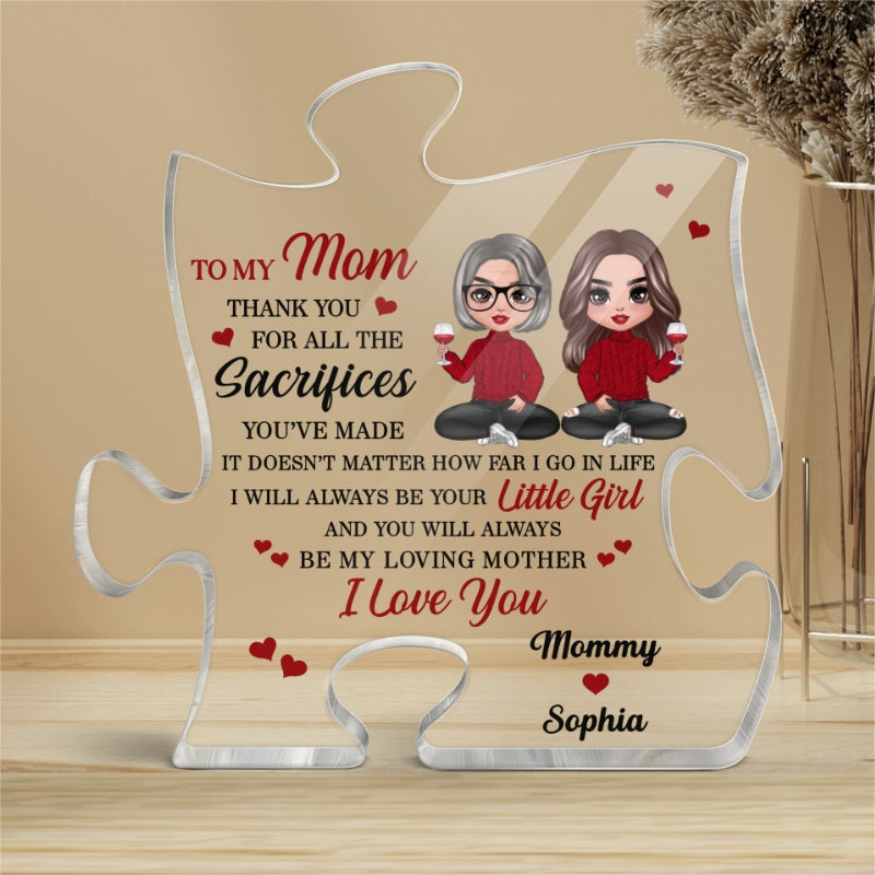 To My Mom Doll Mom And Daughter Sitting Gift For Mom Personalized Puzzle Acrylic Plaque