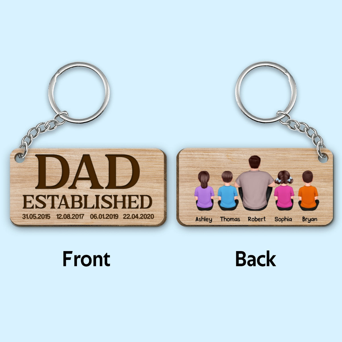 Dad Established Back View Man And Kids Father‘s Day Gift Personalized Wooden Keychain