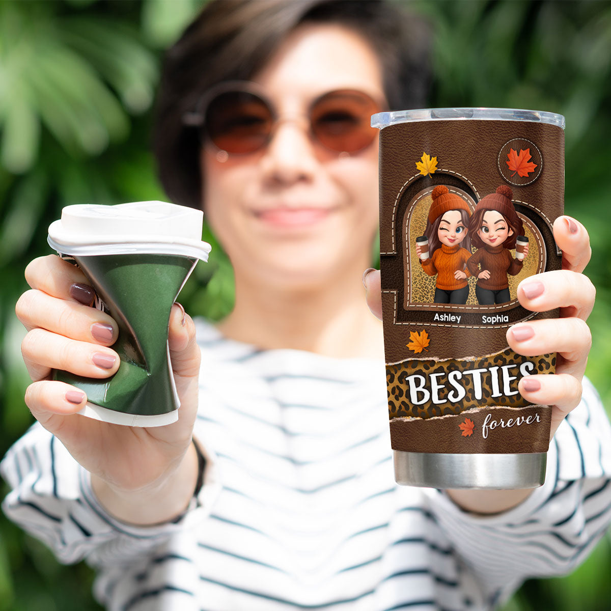 Fall Season Besties Sisters Fall Leather Pattern Personalized Tumbler