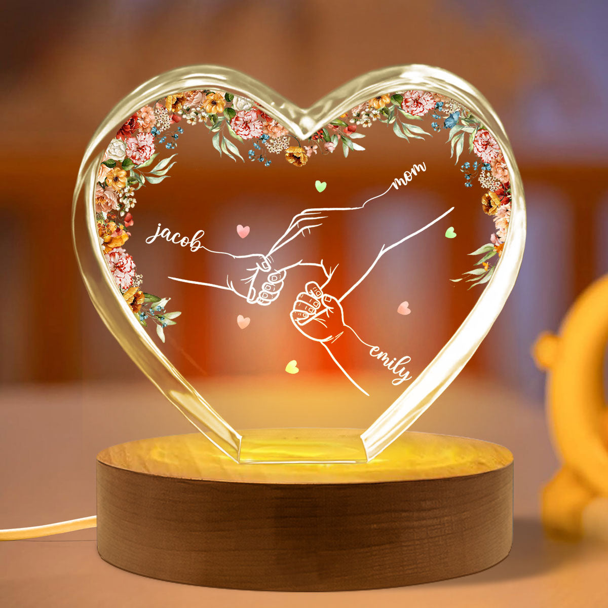 Personalized Name Mom And Kid Hands Premium Crystal Heart LED, A Timeless Treasure for Mom, Free Shipping Included