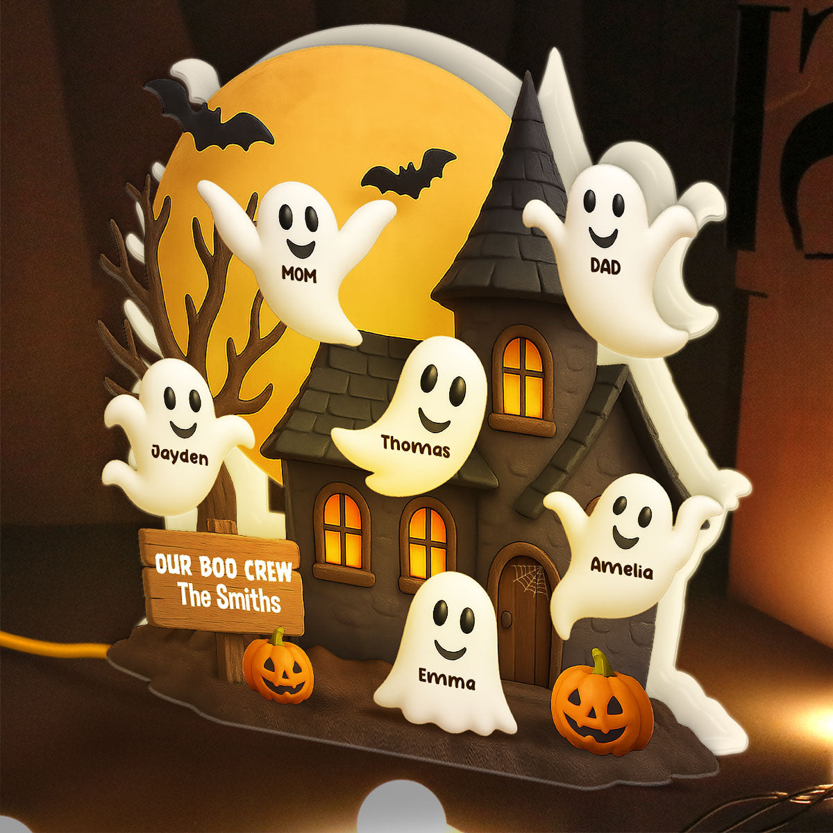 Halloween Boo Family Haunted House Personalized Light Box, Halloween Home Tabletop, Tiered Tray, Shelf Sitter Decoration