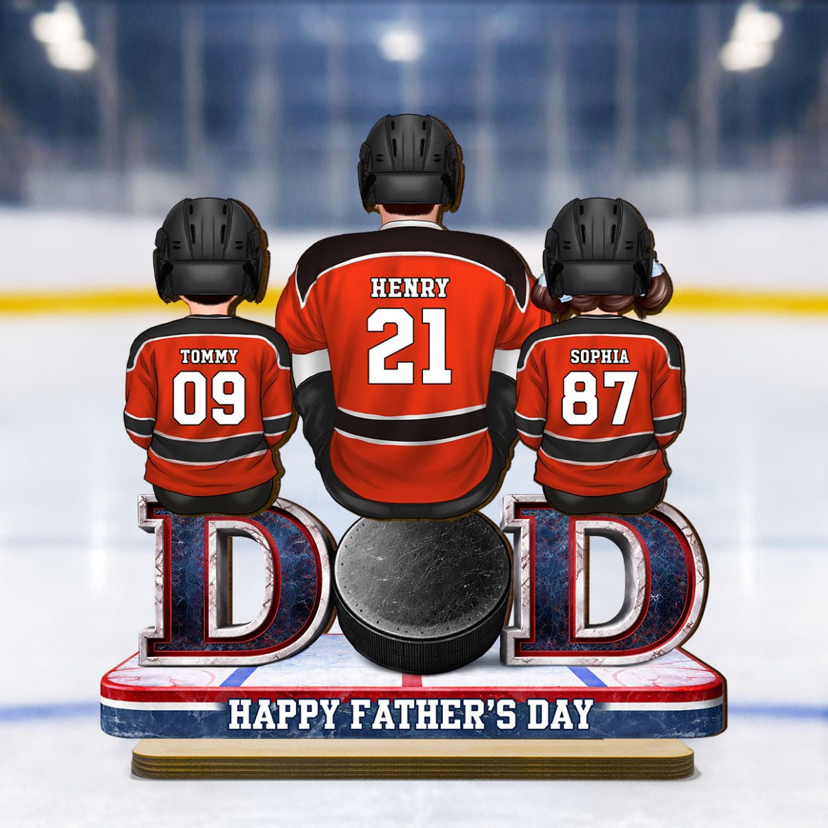 Hockey Dad And Kids Sitting Together - Personalized 2-Layered Wooden Plaque - Father's Day Gift, Gift For Hockey Dad, Gift For Husband