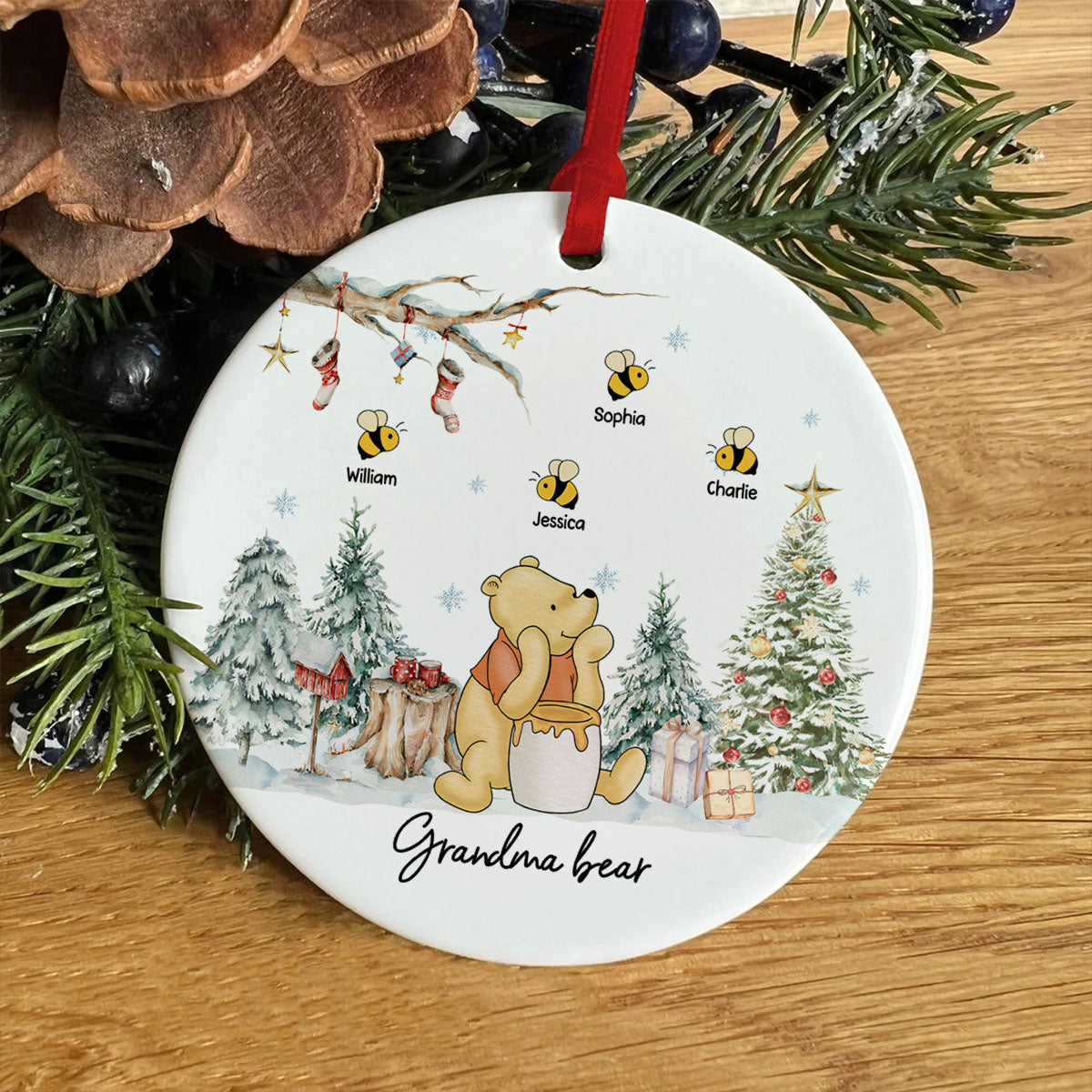 Grandma Bear Cute Grandkids Names Personalized Circle Ceramic Ornament, Christmas Gift
