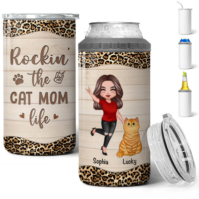 Rockin‘ Cat Mom Life Personalized Multi-Use Tumbler, 4 In 1 Can Cooler, Gift For Cat Mom