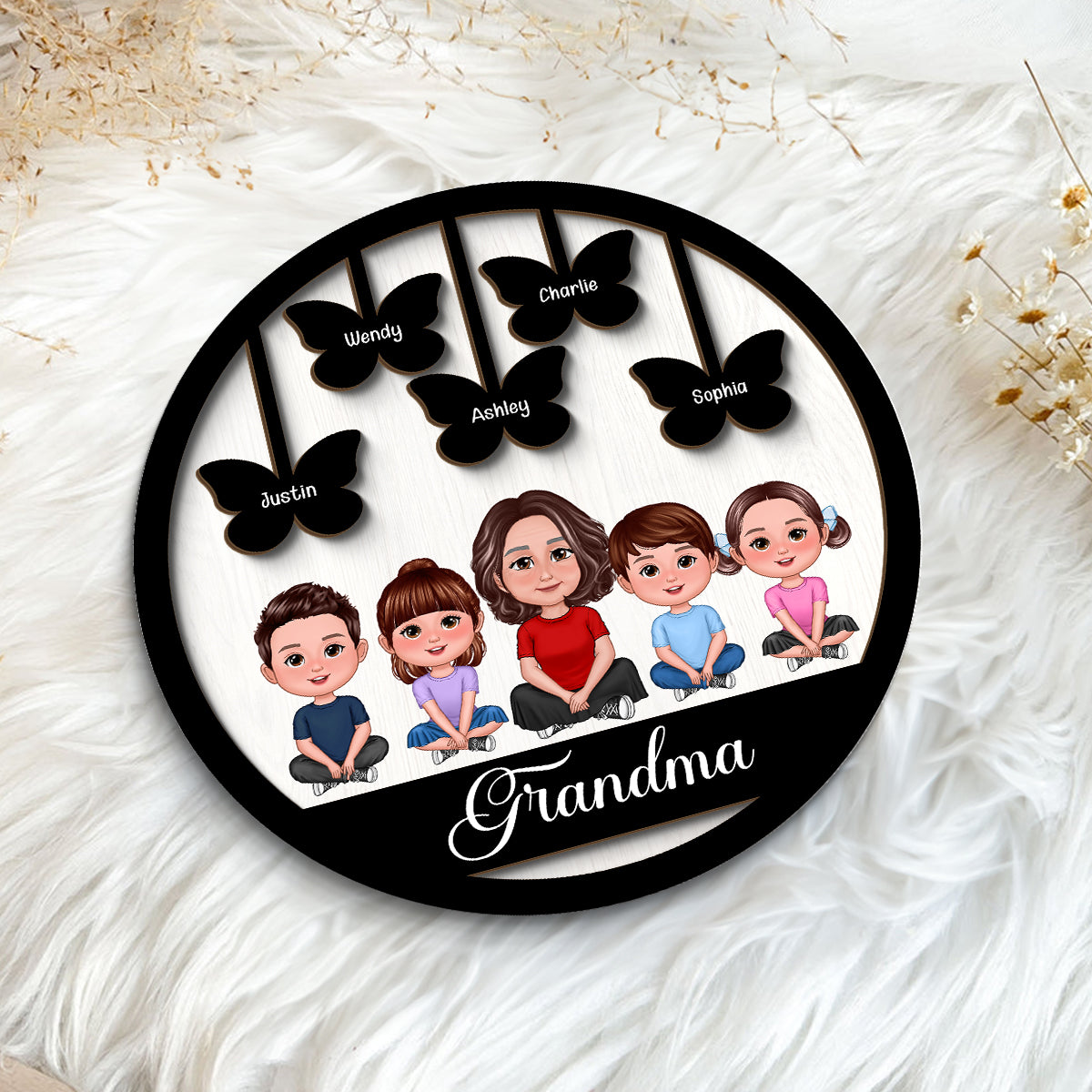 Grandma Grandkids Crossed Legs Butterflies Personalized 2-layer Wooden Plaque