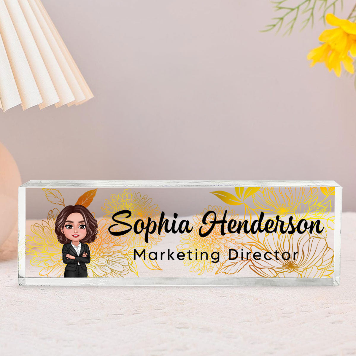 Floral Line Art Woman Man Office Personalized Desk Name Plate| Unique Gift For Colleagues, Boss