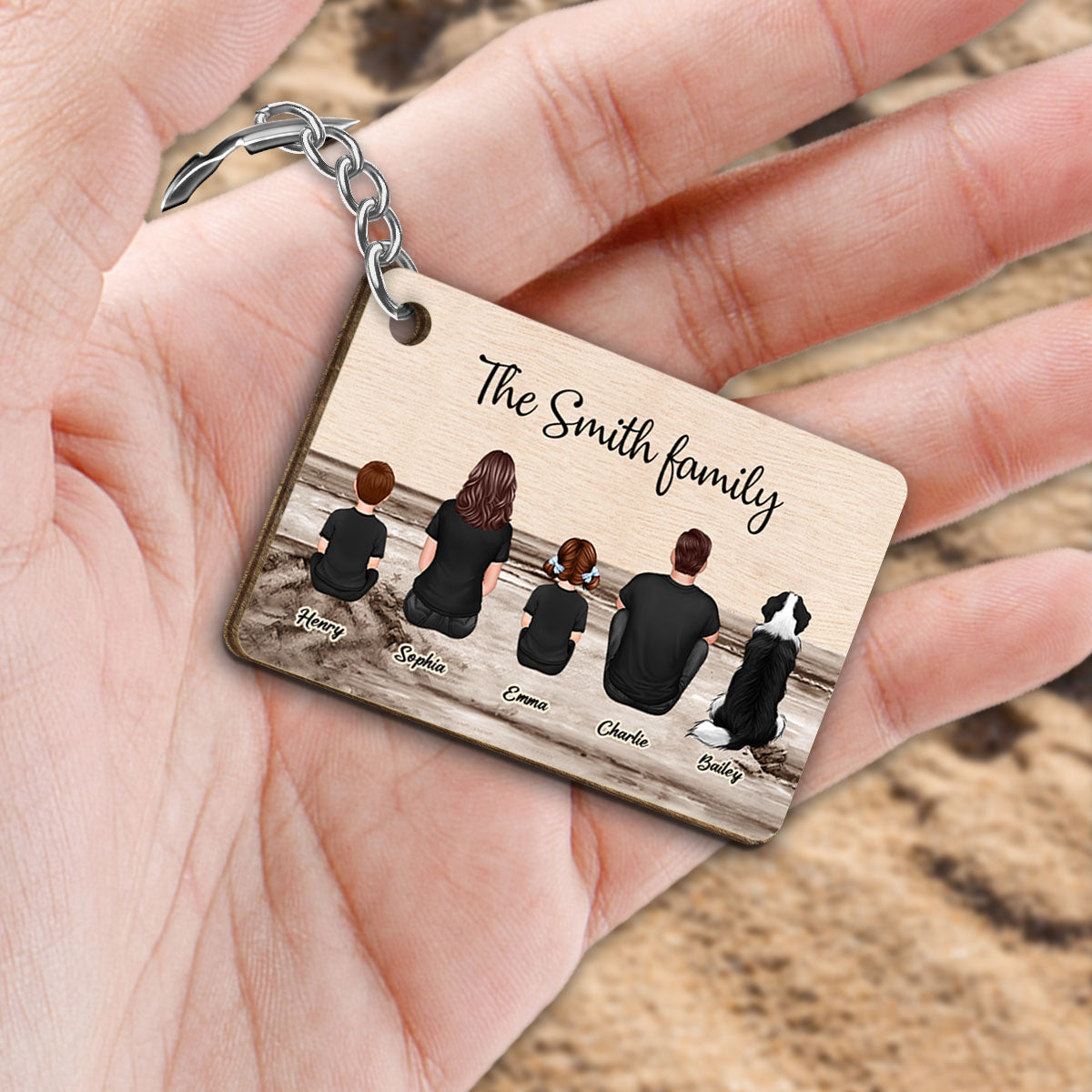 Family Sitting Back View Retro Vintage Beach Landscape Wooden Keychain, Father's Day Gift For Dad, For Grandpa