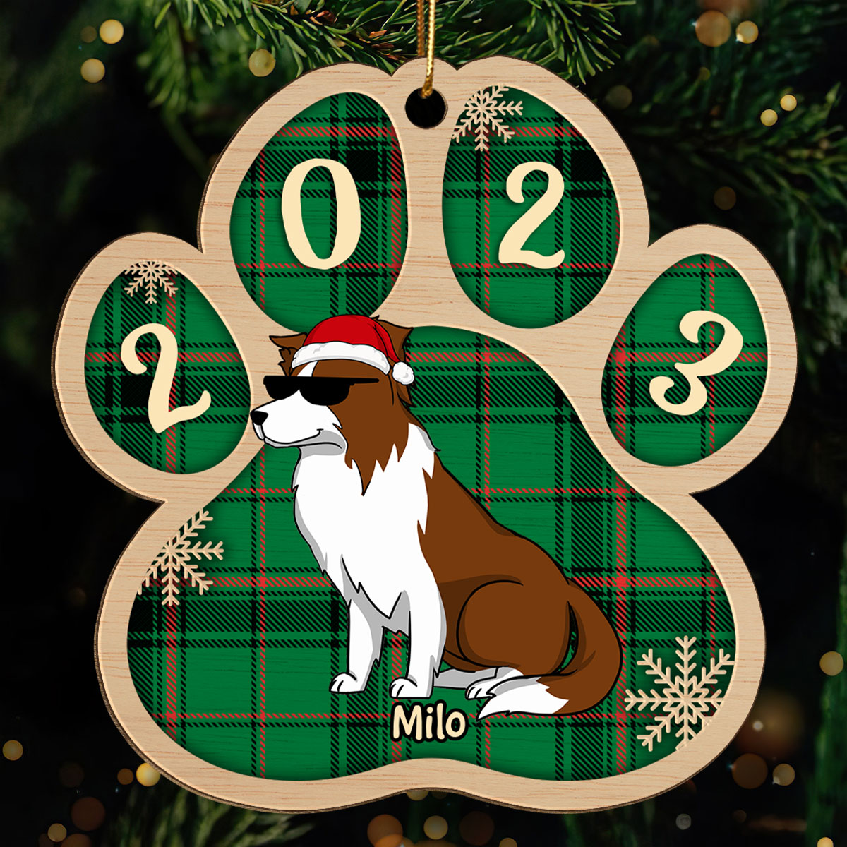 Checkered Paw Funny Dogs Cartoon Christmas Personalized Wooden Ornament